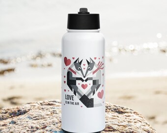 Valentine’s Fox Couple Water Bottle - 20oz Insulated Stainless Steel, Straw Lid, Romantic Gift for Couples & Animal Lovers