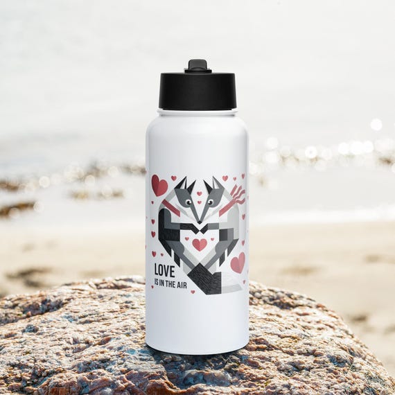 Valentine’s Fox Couple Water Bottle - 20oz Insulated Stainless Steel, Straw Lid, Romantic Gift for Couples & Animal Lovers