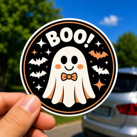 Ghost Sticker, Cute Ghost BOO Halloween Sticker, Spooky Vinyl Car Decal, Waterproof Laptop Water Bottle Sticker