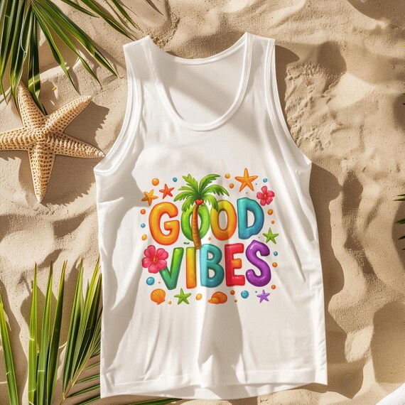 Good Vibes Unisex Tank - Colorful Balloon Lettering Tropical Tank Top, Fun Beach Sleeveless Shirt