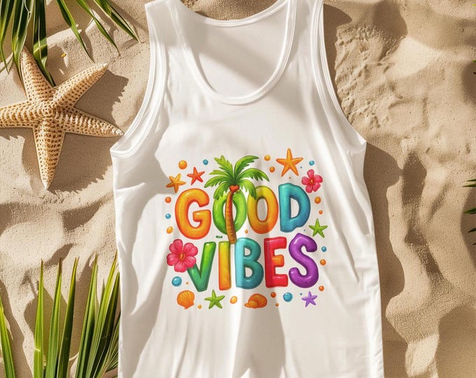 Good Vibes Tank Top | Colorful Balloon Letter Shirt | Sleeveless Summer Positivity Tee for Women & Teens