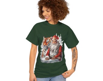 Santa with Tiger Christmas T-Shirt – Unique Holiday Jungle Animal Tee for Men & Women – Funny Wild Nature Santa Shirt