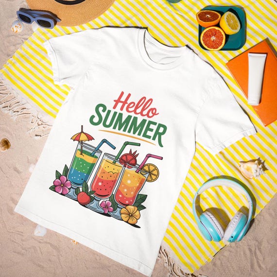 Hello Summer T-Shirt - Colorful Tropical Drink Graphic Tee, Fun Vacation Shirt for Summer Lovers, Retro Juice Aesthetic