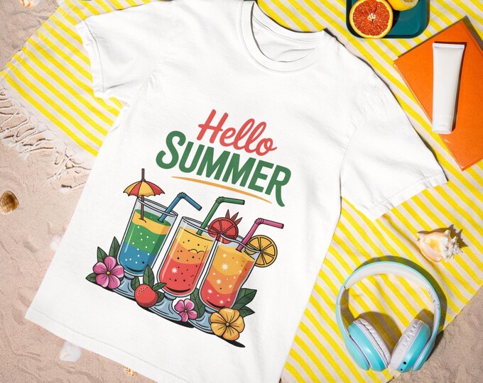 Hello Summer T-Shirt | Colorful Tropical Drink Graphic Tee | Fun Vacation Shirt for Women, Teens & Teachers