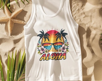 Aloha Hawaiian Sunset Tank Top | Tropical Beach Summer Shirt | Sleeveless Vacation Tee for Women & Men