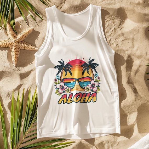 Aloha Tank Top - Hawaiian Sunset Beach Tee, Tropical Flowers & Sunglasses Graphic, Summer Vibes Tank Top, Aloha Vintage Tank Top