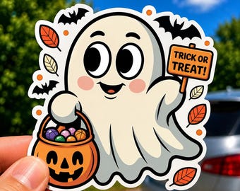 Pegatina de fantasma para pedir dulces, calcomanía de vinilo troquelada de Halloween para botella de agua o computadora portátil, linda pegatina de fantasma espeluznante, recuerdo de fiesta de Halloween para niños