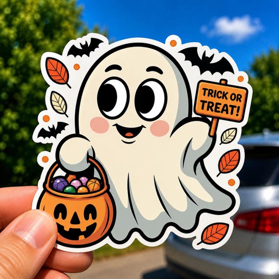 Ghost Trick or Treat Sticker, Halloween Die Cut Vinyl Decal for Water Bottle Laptop, Cute Spooky Ghost Sticker, Kids Halloween Party Favor