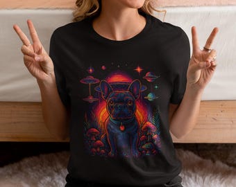 Psychedelic French Bulldog Shirt, Trippy Dog Art Tee, Festival Rave Outfit, Cosmic UFO Dog Design for Men and Women