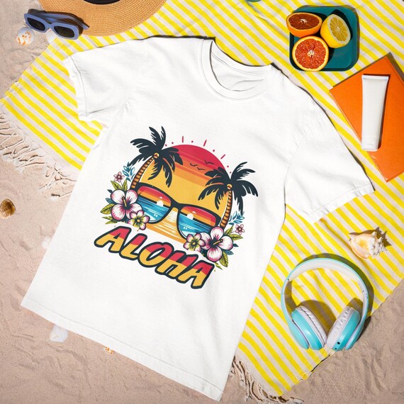 Aloha T-Shirt - Hawaiian Sunset Beach Tee, Tropical Flowers & Sunglasses Graphic, Summer Vibes Shirt