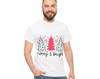 Merry and Bright Christmas Shirt – Cute Tree Holiday Tee – Colorful Unisex Festive T-Shirt for Winter Outfit