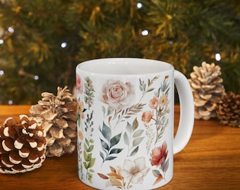 Pressed Flowers Mug, Boho Wildflowers Cottagecore Coffee Mug, Vintage Botanical Tea Cup, Pastel Floral Nature Mug, Flower Garden Lover Gift