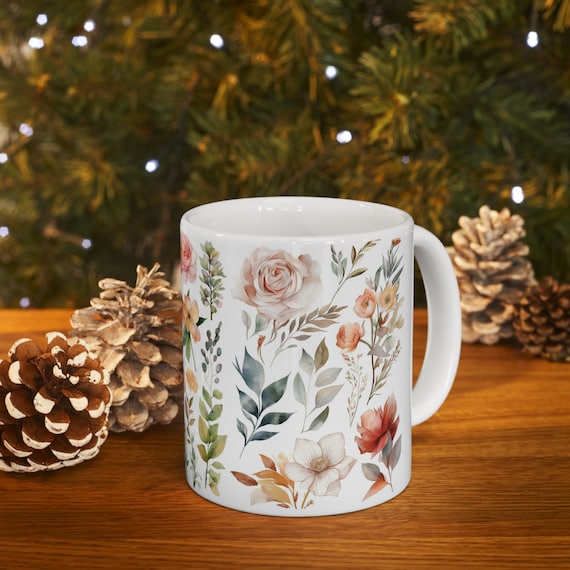 Pressed Flowers Mug, Boho Wildflowers Cottagecore Coffee Mug, Vintage Botanical Tea Cup, Pastel Floral Nature Mug, Flower Garden Lover Gift