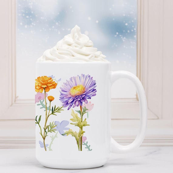 Mug Deluxe 15oz, Large Floral Ceramic Mug, Oversized Coffee Cup, Dishwasher Safe, Customizable Flower Design Mug, Personalized Drinkware Gif
