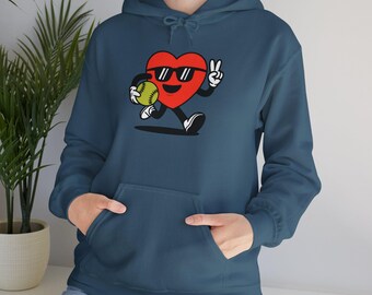 Cool Heart Playing Softball Hoodie | Funny Softball Lover Gift | Cartoon Sports Graphic | Game Day Apparel for Fans