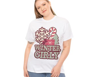 Winter Girly Christmas Art Tee - Cute Candy Cane Snowflake Festive Holiday Shirt, Girls Christmas Wall Art, Winter Decor - Unisex Heavy