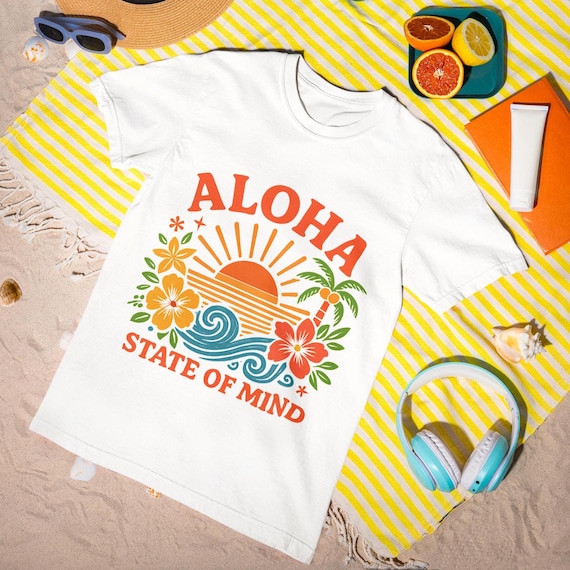 Aloha State of Mind T-Shirt - Hawaiian Tropical Graphic Tee, Sunset & Flowers Beach Shirt, Unisex Fit