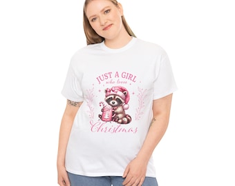 Just a Girl Who Loves Christmas Shirt – Cute Pink Raccoon Holiday Tee – Festive Unisex Xmas Gift for Her