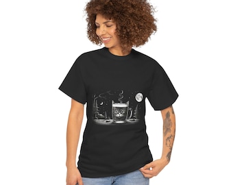Cat Coffee Moon T-Shirt | Black & White Celestial Tee | Cute Witchy Shirt for Cat Lovers