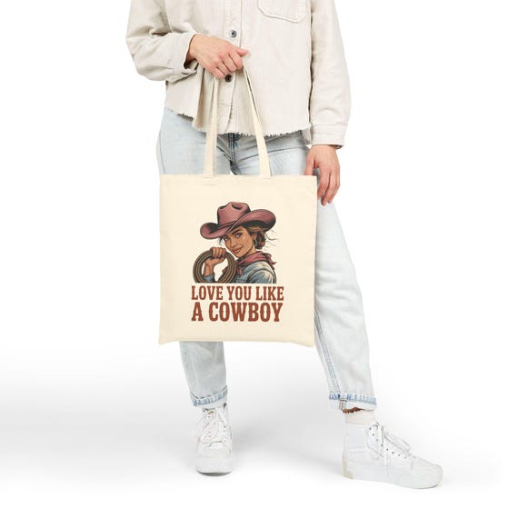 Cowgirl Love Badge Tote | Western Valentine, cowboy valentine canvas tote