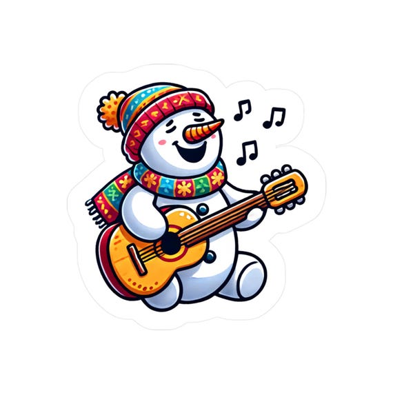 Cute Snowman Guitar Vinyl Decal – Kiss‑Cut Winter Music Sticker for Laptop, Car & Tumbler, Holiday Gift for Music Lovers