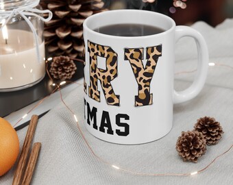 Merry Leopard Print Mug - Stylish Christmas Coffee Cup Gift