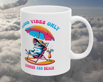 Good Vibes Only Cat Mug | Funny Summer Coffee Cup | Cute Cat Lover Gift for Home or Office