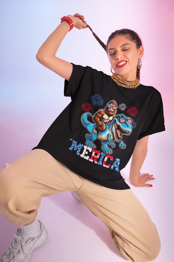Patriotic Bigfoot T‑Shirt – Unisex USA Flag Sasquatch Tee for 4th of July