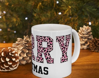 Merry Pink Leopard Print Mug - Stylish Christmas Coffee Cup Gift