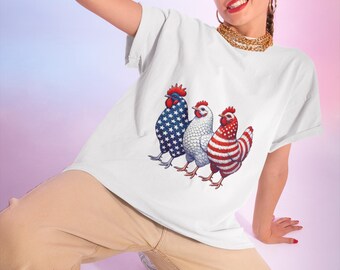 Patriotic Chicken Tee - Fun Unisex Heavy Cotton Shirt for BBQs, Independence Day, Farm Lovers, Casual Wear, Unique Gift