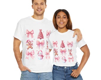 Christmas Bows Tee, Holiday Gingerbread Reindeer Shirt, Festive Xmas Top, Cute Pink Unisex T-Shirt, Winter Seasonal Apparel