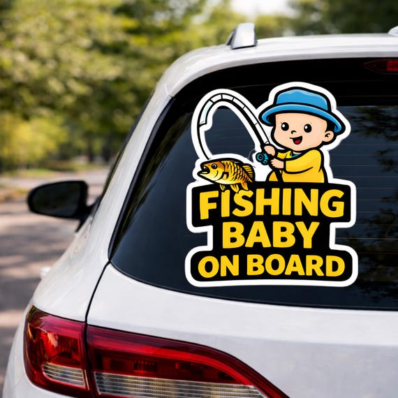 Fishing Baby On Board Sticker, Cute Fishing Car Decal, Fisherman Baby Sticker, Outdoor Vinyl, Waterproof Kids Sticker