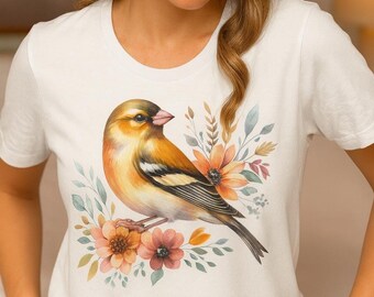Watercolor Finch T-Shirt | Floral Bird Tee for Women | Nature-Inspired Graphic Shirt Gift