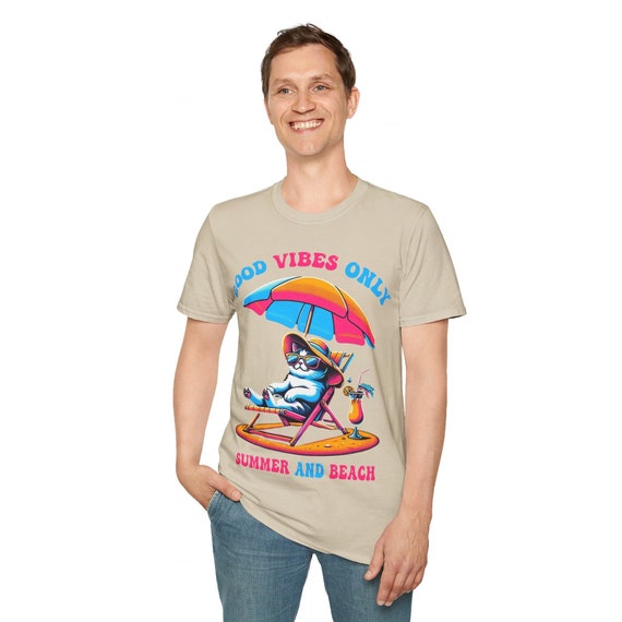 Cool Cat Summer Vibes Art Print | Fun and Colorful Beach T-shirt