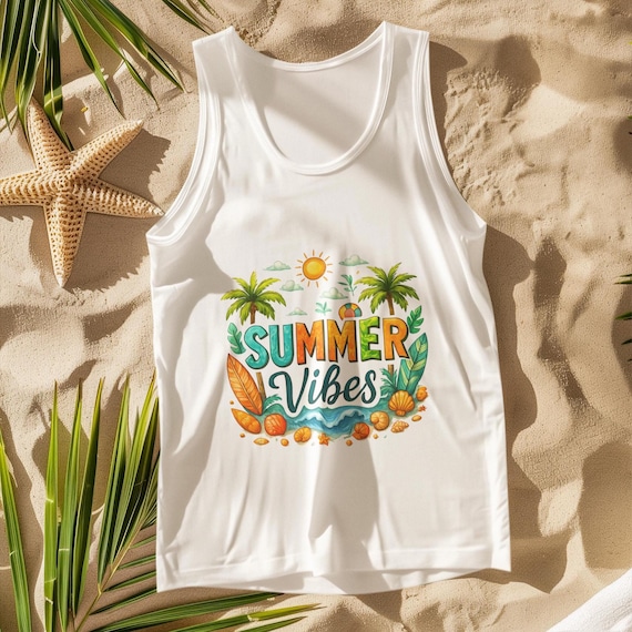 Summer Vibes Unisex Tank Top - Tropical Beach Graphic Tee, Palm Tree & Shell Design, Ethical USA Cotton
