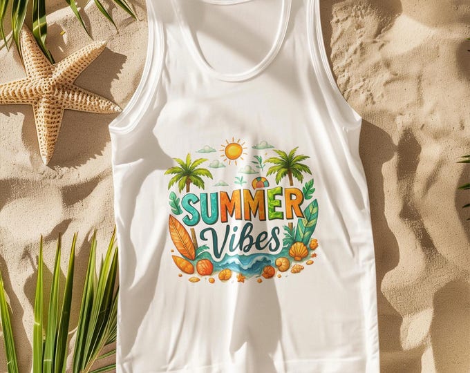 Summer Vibes Unisex Tank Top - Tropical Beach Graphic Tee, Palm Tree & Shell Design, Ethical USA Cotton