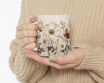 Floral Ceramic Coffee Mug – Cute Watercolor Flower Tea Cup, 11oz Gift for Her, Mother’s Day Mug, Flower Lover Kitchenware