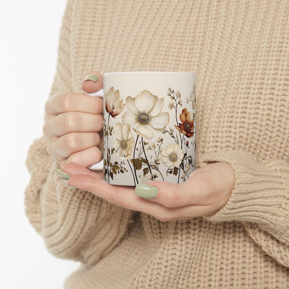 Floral Ceramic Coffee Mug – Cute Watercolor Flower Tea Cup, 11oz Gift for Her, Mother’s Day Mug, Flower Lover Kitchenware
