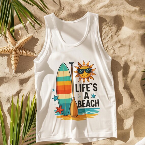 Life's a Beach Tank Top - Colorful Surfboard & Sun Graphic Tee, Summer Beach Vibes Unisex Tank Top