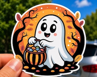 Pegatina de fantasma para pedir dulces, calcomanía para cubo de dulces de Halloween, pegatina de vinilo de fantasma espeluznante, linda calcomanía de otoño para portátil o botella de agua