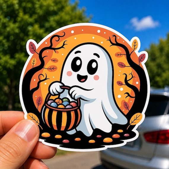 Ghost Trick or Treat Sticker, Halloween Candy Bucket Decal, Spooky Ghost Vinyl Sticker, Cute Fall Laptop Water Bottle Decal
