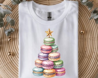 Cute Macaron Christmas Tree Shirt, Holiday Baking Aesthetic Tee, Pastel Dessert Christmas Top, Festive Foodie T-Shirt Gift