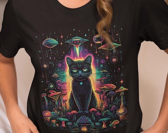Galaxy Cat T-Shirt – Psychedelic Cosmic Cat Unisex Tee, Festival Shirt for Cat Lovers, Trippy Graphic Gift
