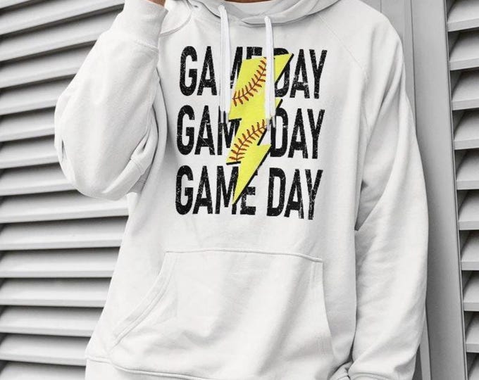Game Day Softball Hoodie with Lightning Bolt, Unisex Softball Fan Sweatshirt for Players and Supporters