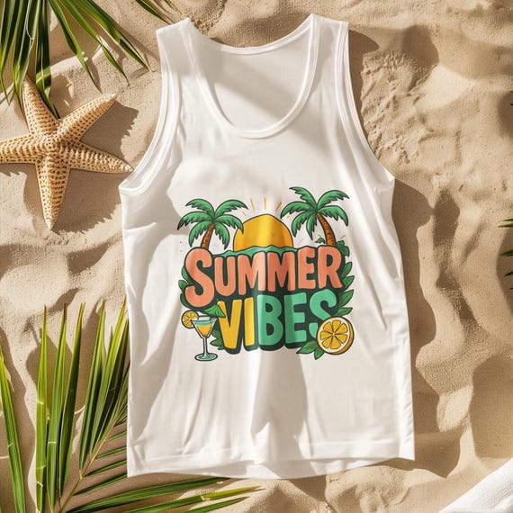 Summer Vibes Unisex Tank - Cartoon Tropical Sunset Tank Top, Lemon Drink Beach Shirt