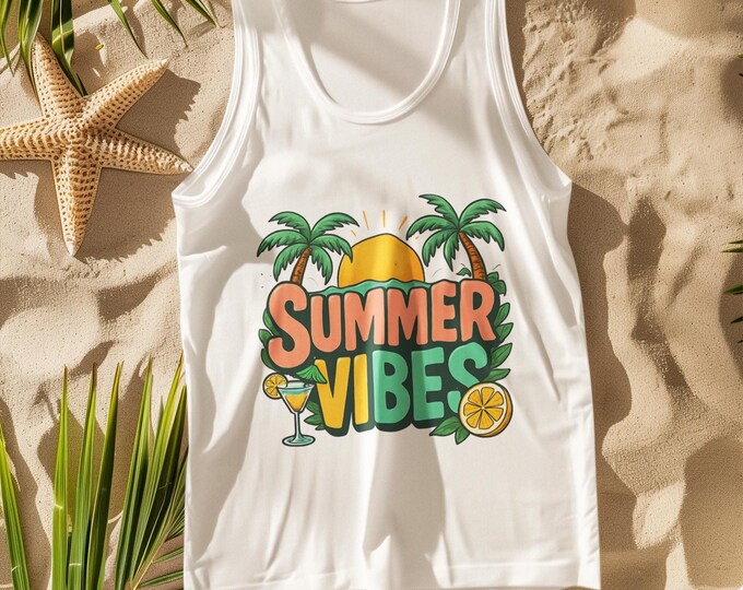 Summer Vibes Tank Top | Tropical Sunset Cartoon Shirt | Sleeveless Summer Graphic Tee for Beach & Vacation