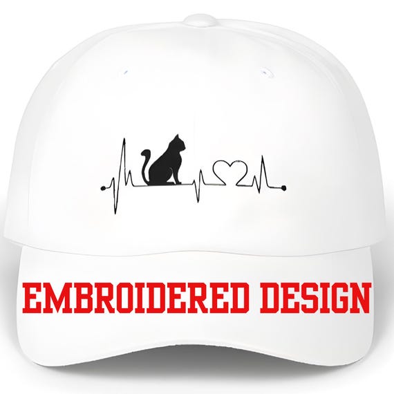 Embroidered Cat Heartbeat Hat | Minimal Cat Lover Dad Hat | Cat Mom Gift | Adjustable Embroidered Cap | Cute Pet Lover Hat