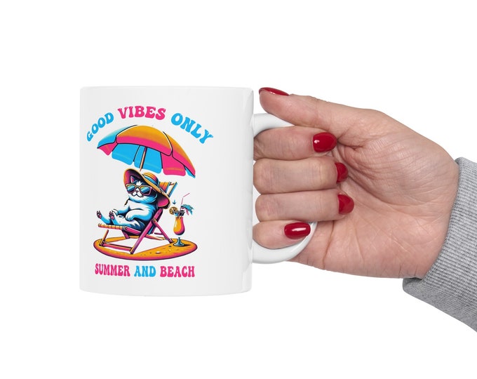 Good Vibes Only Cat Mug | Funny Summer Coffee Cup | Cute Cat Lover Gift for Home or Office