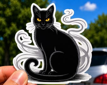Pegatina de gato negro, calcomanía de vinilo de gato brujo, pegatina de gato espeluznante de Halloween, calcomanía de gato gótico para ventana de coche o portátil