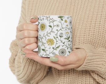 Floral Ceramic Mug 11 oz – Microwave & Dishwasher Safe, Handmade Flower Coffee Cup for Her